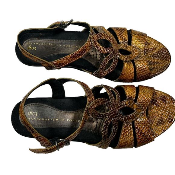 1803 Handcrafted in Portugal Yellow Gold Snakeskin Patterned Open Toe Short Heel - Picture 4 of 12